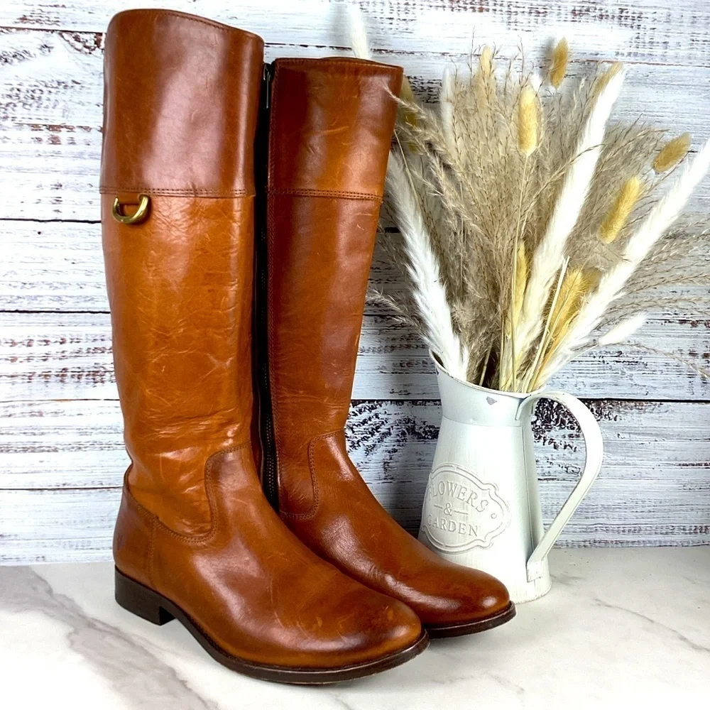FRYE SIZE 7 MELISSA D RING TALL BOOTS BROWN CARAMEL LEATHER EQUESTRIAN SHOES EUC